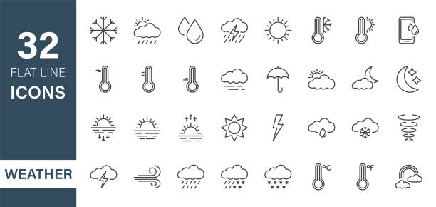 날씨 라인 아이콘 의 집합입니다. 일기 예보 그래픽 요소. 기상학. 온도, 구름, 비, 눈, 바람, 무지개, 일몰, 일출, 분위기. 편집 가능한 스트로크. 벡터 일러스트레이션 - 날씨 stock illustrations