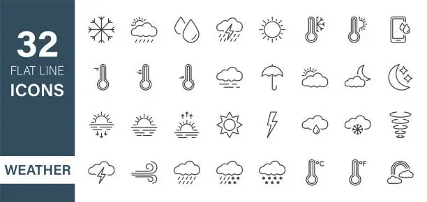 Vector illustration of Set of Weather Line Icons. Weather Forecast graphic elements. Meteorology. Temperature, Sun, Cloud, Rain, Snow, Wind, Rainbow, Sunset, Sunrise, Atmosphere. Editable stroke. Vector illustration