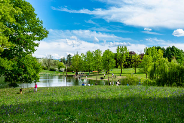 View of a public park with people in Turin (Piedmont, Italy). stock photo