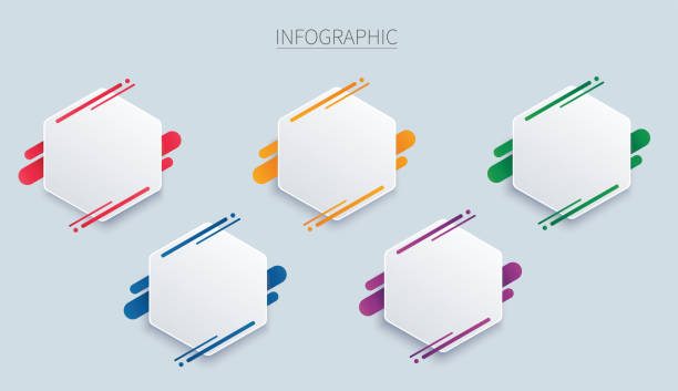 illustrazioni stock, clip art, cartoni animati e icone di tendenza di colorato modello vettoriale infografico esagonale con 5 opzioni. può essere utilizzato per infografiche web, diagramma, grafico, presentazione, grafico, report, passo dopo passo. sfondo astratto. - hexagon three dimensional shape diagram abstract