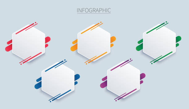 ilustrações de stock, clip art, desenhos animados e ícones de colorful hexagon infographic vector template with 5 options. can be used for web, diagram, graph, presentation, chart, report, step by step infographics. abstract background. - hexagon three dimensional shape diagram abstract