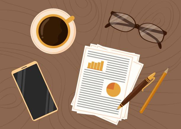 ilustrações de stock, clip art, desenhos animados e ícones de home workplace top view. office supplies with cup of coffee and mobile phone on the table. wooden background. vector illustration - coffee top view