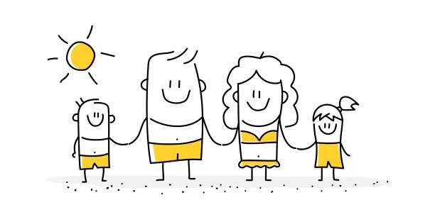 ilustrações de stock, clip art, desenhos animados e ícones de stick figures of happy family on the beach. - vector sand summer smiling
