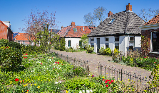 Street with old houses and colorful gardens in Zuidhorn, Netherlands