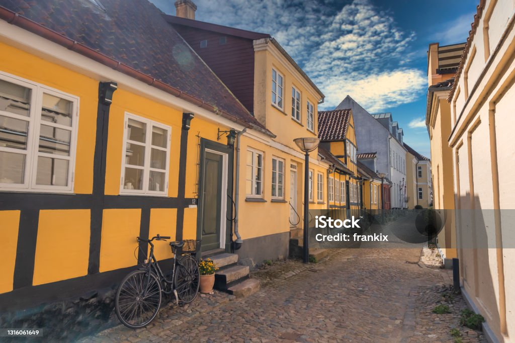 Old narrow streets in faaborg city, Denmark Faaborg Stock Photo