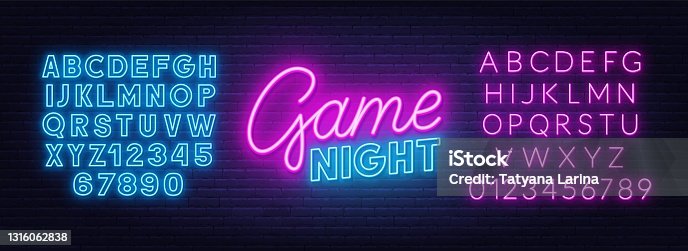 istock Game night neon sign on brick wall background. Neon blue and pink alphabet. 1316062838