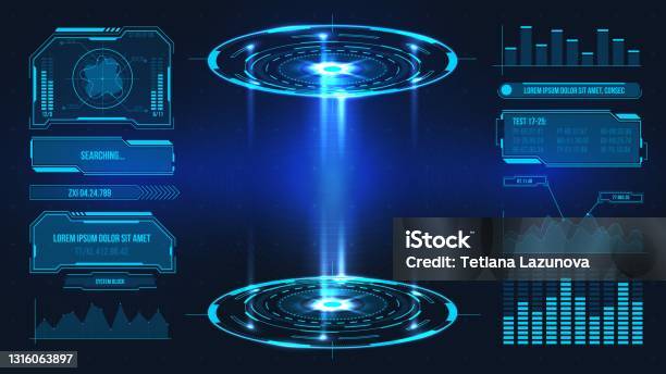 Future Tech Scale Figure Futuristic Platform Hologram Podium And Digital Data Graphs And Frames ...