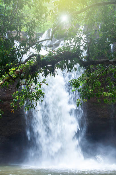 istock Pure tropical waterfall on rainy morning. 1316064231
