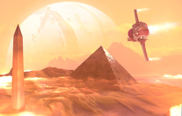istock Spaceship traveling between planets of distant galaxies. Wastelands and pyramid. Sci-fi 1316068790