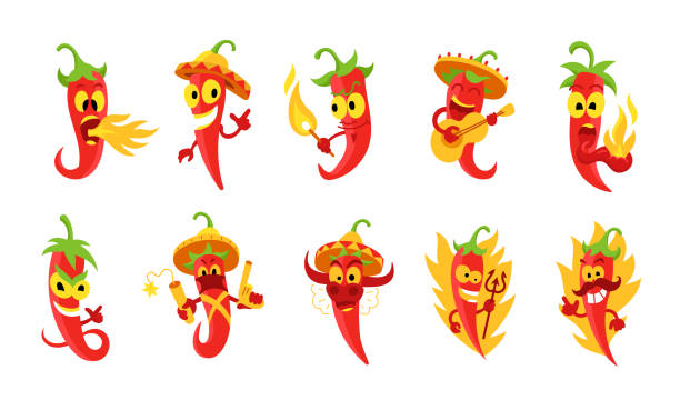 pfeffer-zeichen-set. sehr würziges essen. brennt in einer flamme. cayenne chili roter paprika. teufel mit pitchfork. - devil chili stock-grafiken, -clipart, -cartoons und -symbole