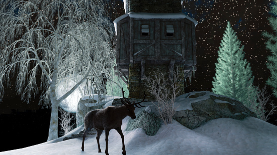 Deer near a winter cottage on the hill against a moonlight sky - 3d rendering