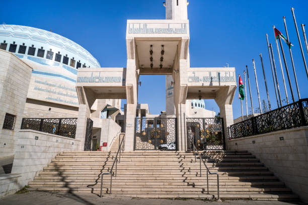 King Abdullah Mosque in Amman. King Abdullah Mosque was built by the late King Hussein between 1982 and 1990 as a memorial to his grandfather. Main entrance to the mosque.