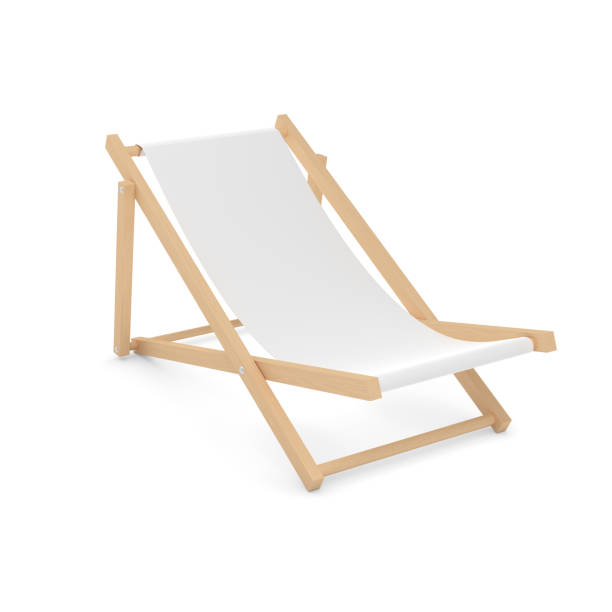 chaise lounge. lettino da spiaggia in legno con tessuto bianco - chair beach chaise longue isolated foto e immagini stock