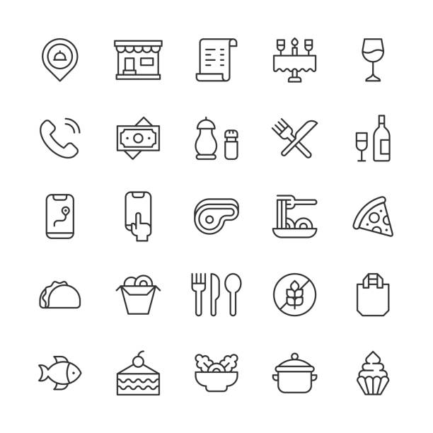 Restaurant Line Icons. Editable Stroke. Pixel Perfect. For Mobile and Web. Contains such icons as Bakery, Breakfast, Chef, Coffee, Delivery, Dessert, Dinner, Drink, Food, Kitchen, Menu, Pizza, Restaurant, Review, Salad, Steak, Sushi, Waiter, Wine. 25 Restaurant Outline Icons. Alcohol, Award, Badge, Bakery, Bread, Breakfast, Certificate, Champagne, Chef, Coffee, Cooking, Credit Card, Croissant, Dark Kitchen, Delivery, Dessert, Dinner, Dollar, Drink, Eating, Egg, Feedback, Fish, Food, Food Delivery, Fork, Gluten, Hamburger, Italian, Kitchen, Knife, Like Button, Location, Logistics, Love, Lunch, Meat, Menu, Motorbike, Navigation, Pasta, Payment, Pepper, Phone, Pizza, Plate, Quality, Rating, Reservation, Restaurant, Review, Romance, Salad, Salt, Serving Food, Shop, Steak, Sushi, Taco, Tea, Waiter, Wine steak and eggs breakfast stock illustrations