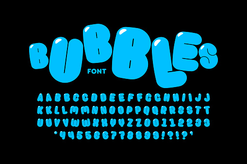 Bubble style font design, alphabet letters, numbers and punctuation marks