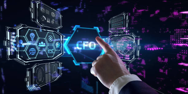 Business, Technology, Internet and network concept. Young businessman working on a virtual screen of the future and sees the inscription: CFO stock photo