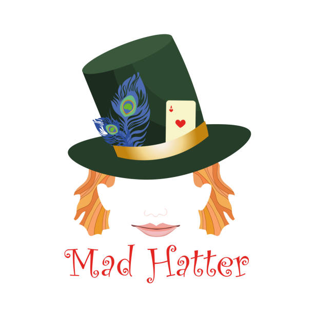 illustrazioni stock, clip art, cartoni animati e icone di tendenza di testa di cappellaio pazzo astratto che indossa un cappello decorato con carta da gioco e piume. riedi la faccia sorridente. - mad hatter