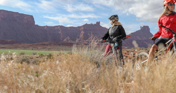 istock Female mountain bikers relax in grassy meadow 1316081419