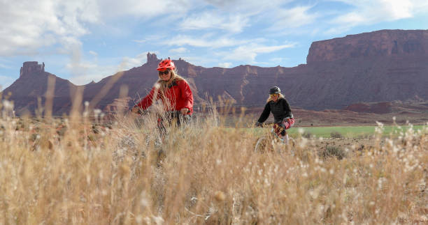istock Female mountain bikers follow trail through meadow 1316081481