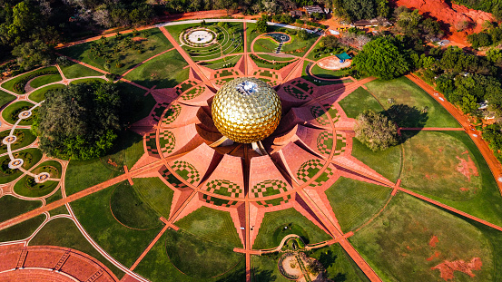 Arial View of Auroville. Auroville is an experimental township in Viluppuram district mostly in the state of Tamil Nadu, India with some parts in the Union Territory of Puducherry in India