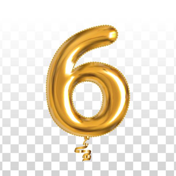 вектор реалистичный изолированный золотой шар номер 6 для приглашения украшения на прозрачном фоне. - number 6 number birthday balloon stock illustrations