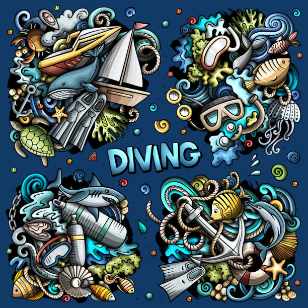 illustrations, cliparts, dessins animés et icônes de ensemble de conceptions de doodle de vecteur de dessin animé de plongée ensemble. - nautical vessel journey diving flipper