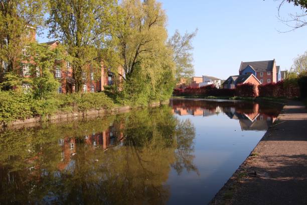 Coventry Warwickshire England May 2021 reflections on canal water at Coventry canal basin