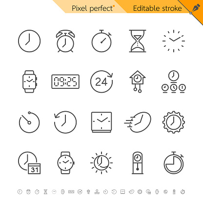 Time and clock thin icons. Pixel perfect. Editable stroke.