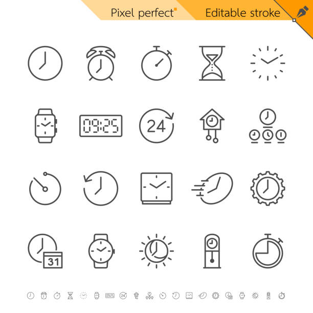 time_and_clock Time and clock thin icons. Pixel perfect. Editable stroke. hourglass stock illustrations