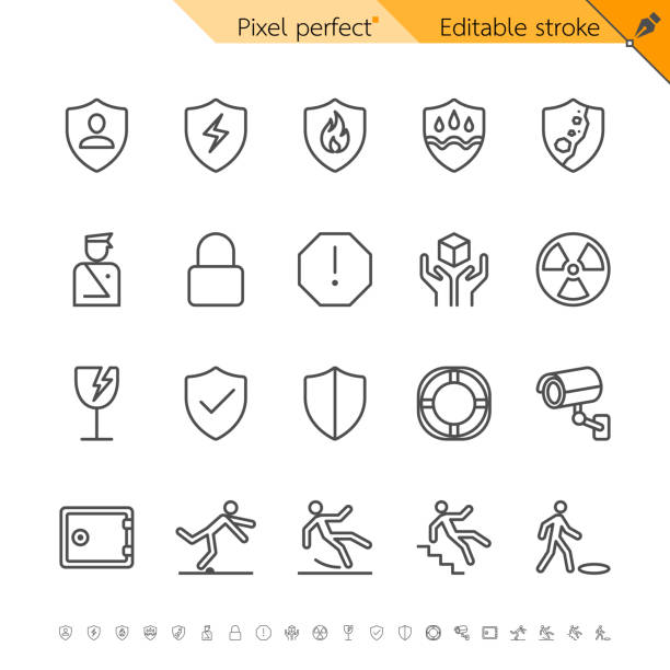 safety Safety thin icons. Pixel perfect. Editable stroke. caution step stock illustrations