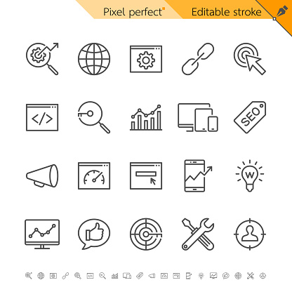 Search engine optimization thin icons. Pixel perfect. Editable stroke.