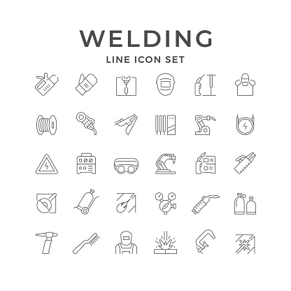Set line icons of welding isolated on white. Robotic equipment, apparatus, torch, protective mask, tank, welder, brush, wire, clamp, electrode. Vector illustration
