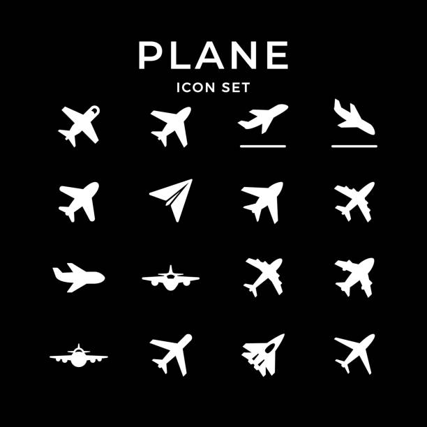 Set glyph icons of plane Set glyph icons of plane isolated on black. Aircraft vehicle, aviation concept, landing, takeoff, fighter. Vector illustration airplane silhouettes stock illustrations
