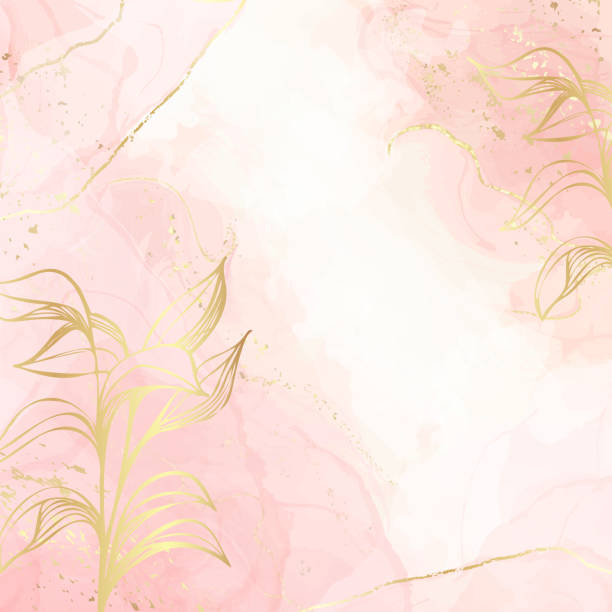 abstrakte staubige erröten flüssige aquarell hintergrund mit gold floral dekoration elemente. pastell rosa marmor alkohol tinte zeichnung effekt und goldene zweige. vektor-illustration von eleganten tapeten - backgrounds pink flower softness stock-grafiken, -clipart, -cartoons und -symbole