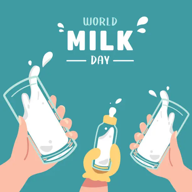 Vector illustration of International Milk Day celebration. A group of adult, teen, children, baby hands drink a toast together concept. A lot of splash milk glasses flat vector illustration.