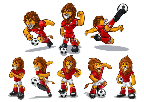 maskotka lwa dla drużyny mistrzów piłki nożnej - tiger lion leopard cartoon stock illustrations