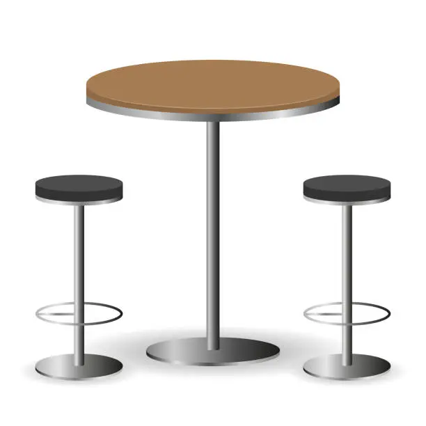 Vector illustration of Bar table with chairs. Table with two chairs isolated on a white background. Vector, cartoon illustration. Vector.