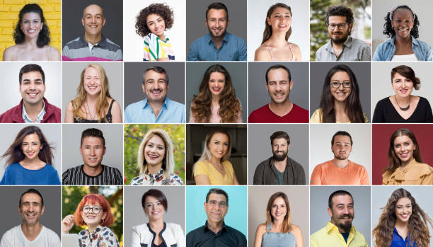 headshot portraits of diverse smiling real people stock - mosaic imagens e fotografias de stock