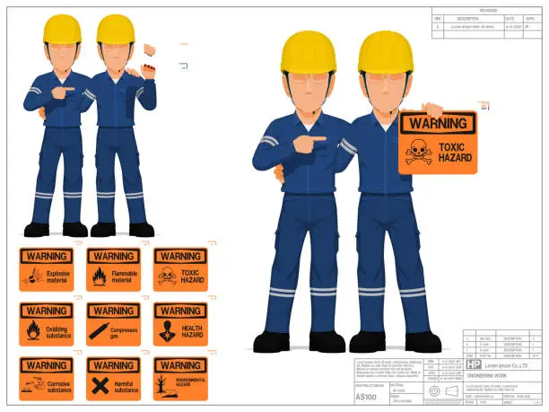 Vector illustration of Two industrial workers are presenting warning sign on white background