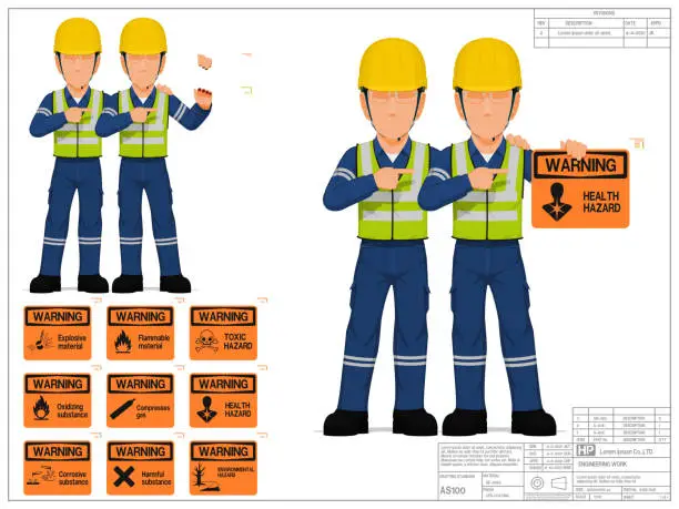 Vector illustration of Two industrial workers are presenting warning sign on white background