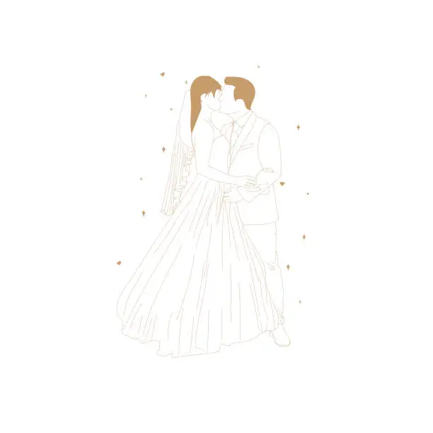 Vector illustration of Vector illustration of the beautiful bride wearing a nice bridal gown.The groom kisses the bride