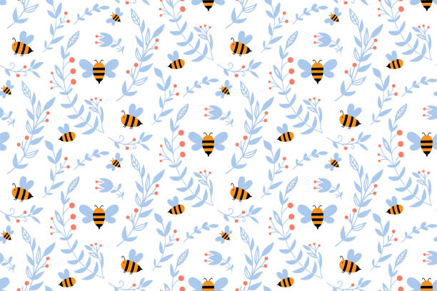 Vector nursery seamless pattern with honey bee Vector seamless pattern with honey bee. Cute nursery print. Floral baby wallpaper in blue. Kids pattern. Vector hand drawn background for fabrics, textile, and wrap paper. bee costume stock illustrations