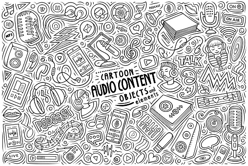 Vector hand drawn doodle cartoon set of Audio content theme items, objects and symbols