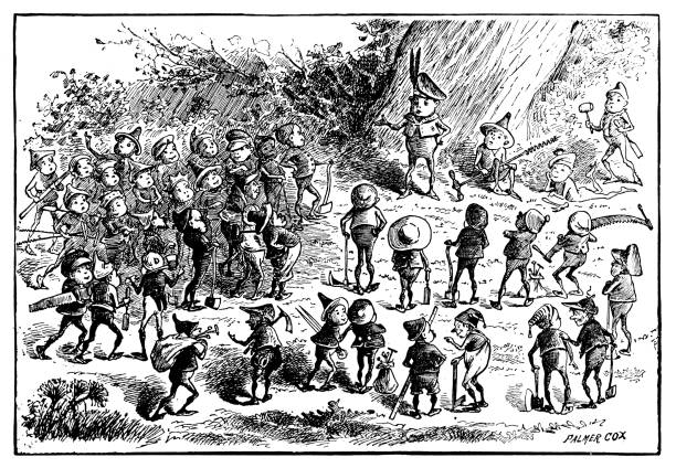 antyczna ilustracja zabawnych postaci z komiksów z kreskówek ("the brownies", 1887) - agricultural occupation antique old fashioned axe stock illustrations