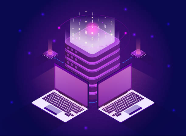 Isometric quantum computing or supercomputing. Isometric quantum computing or supercomputing. Blockchain server, quantum computer, server room, database, information storage and processing. Flat abstract metaphor cartoon vector concept design cartoon of the printed circuit board stock illustrations