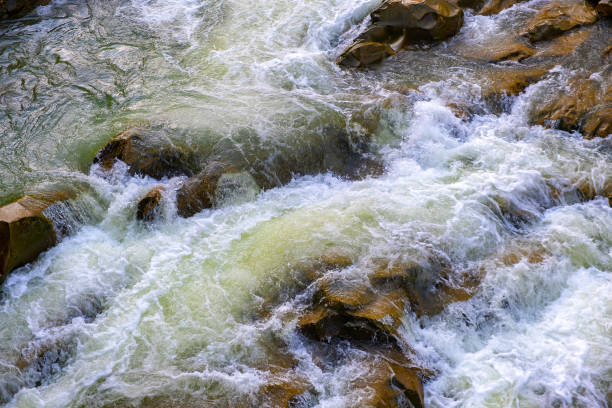 istock Aerial view of river waterfall with clear turquoise water falling down between wet boulders with thick white foam. 1316100447