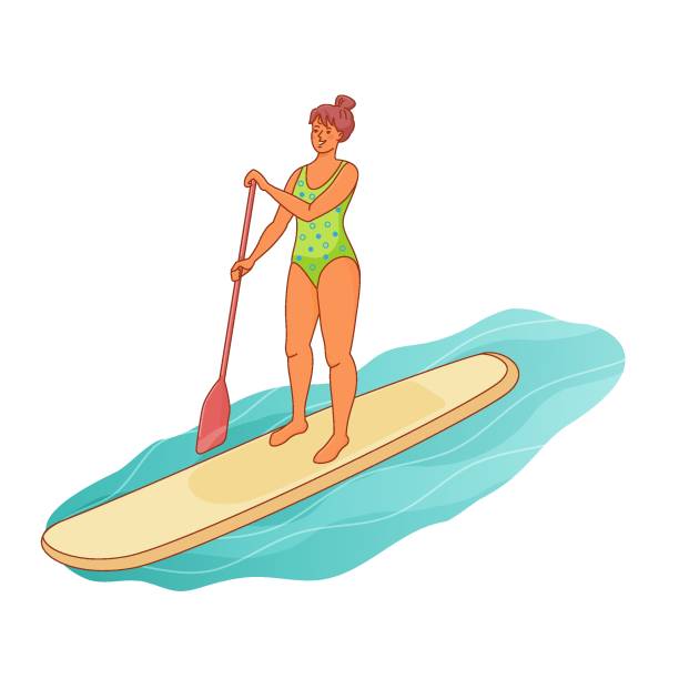 illustrazioni stock, clip art, cartoni animati e icone di tendenza di la donna in piedi sta remando con paddle board sull'acqua. - one person white background swimwear surfboard