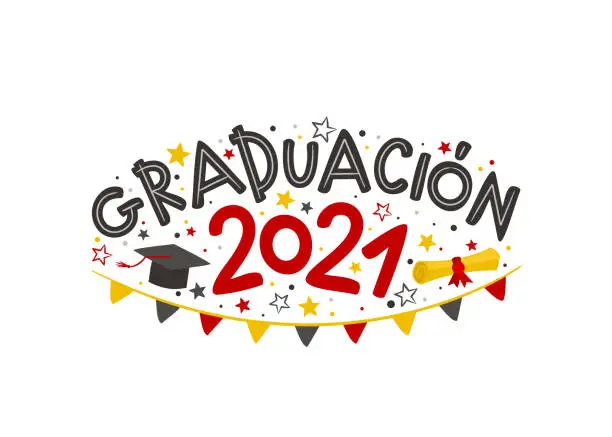 Vector illustration of Spanish Doodle Logo for the 2021 graduate with a masters cap,