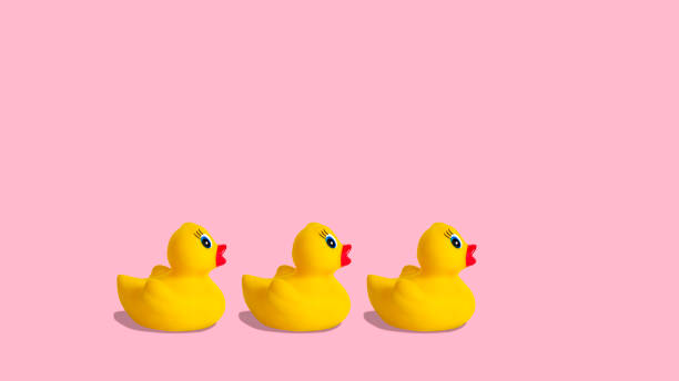 istock Yellow rubber ducks on a pastel pink background. 1316102267
