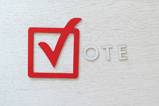 abstract checkbox vote sign, creative icon frame and letters, democracy concept